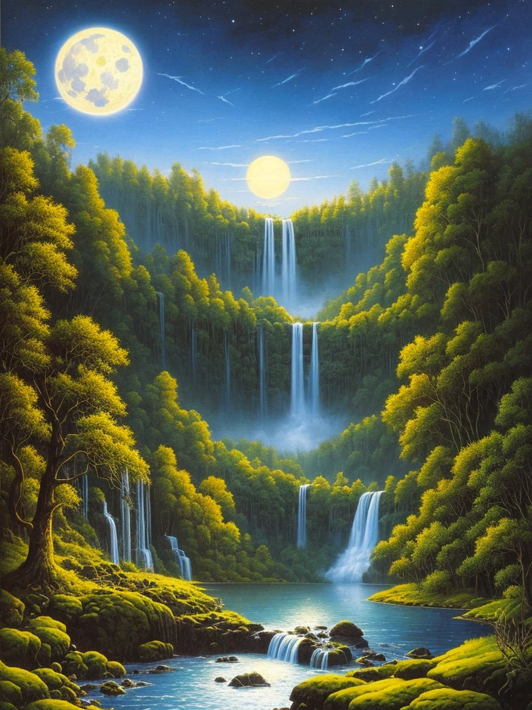 a painting of a waterfall in a forest at night, an airbrush painting by Brothers Hildebrandt, flickr, fantasy art, darrell k sweet, blue moonlight, virgil finlaytim hildebrandt, beautiful moonlight, michael whelan and gustave done, blueish moonlight, stunning moonlight and shadows, soft blue moonlight, hildebrandt, blue ground. fantasy, beautiful moonlight night