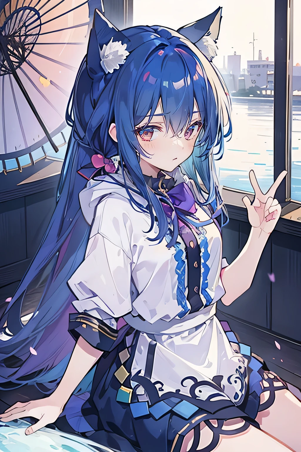 (masterpiece:1.2),Super detailed,lifelike,Expressive eyes,fair skin,perfect face shape,1 girl,
Japanese comics,Gorgeous blue hair,flowing blue hair,flowing clothes,Cat ears,Petals fall,beautiful lola,Baby Angel,
Shaking head with one hand,Cross your legs,Gentle and peaceful background,The pavilion is cool and comfortable,smile, wearing hoodie, background of tokyo,back views,snowing, winter,lie on the water. (Best Quality: 1.3), (Masterpiece: 1.3), (Illustration: 1.3), (Ultra Detailed: 1.3), (Imide Lens: 0.9), 1girl, Medium Breasts, Purple Eyes, ((Dark Blue Hair) ), hair accessories, young, clothing-gladiia, long hair, dark blue hair, indoors, black shorts, high socks, low ponytail, expressionless, upper body, close-up, coat, skirt,