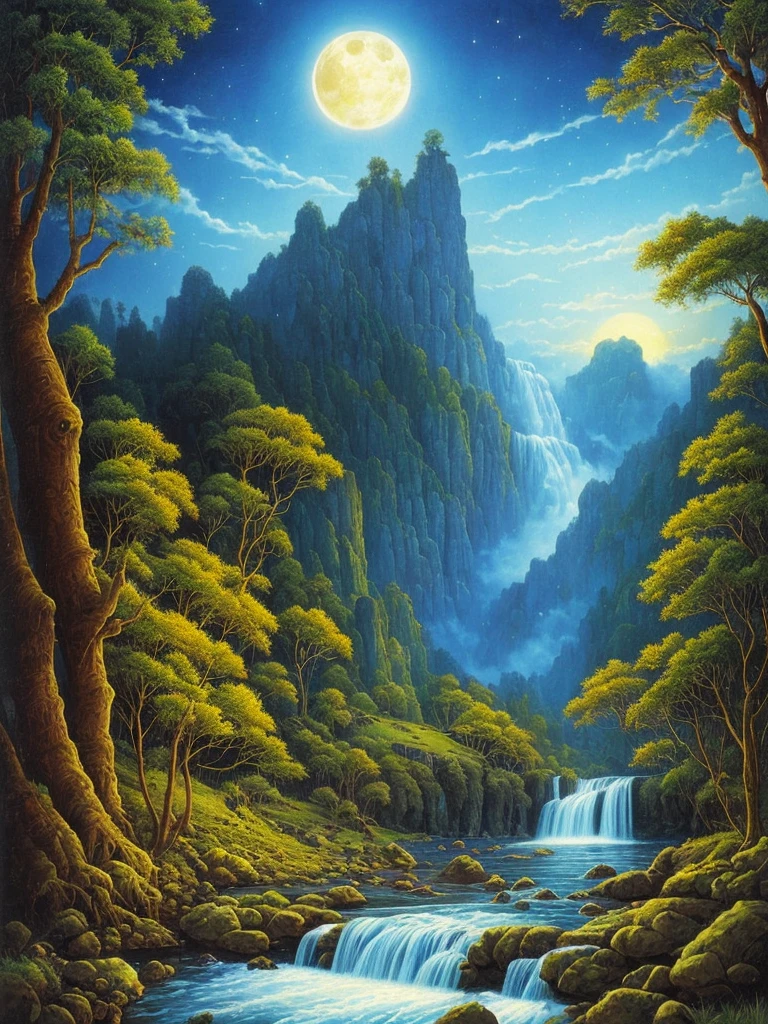 a painting of a waterfall in a forest at night, darrell k sweet, blue moonlight, virgil finlaytim hildebrandt, by Brothers Hildebrandt, beautiful moonlight, by Rodolfo Escalera, michael whelan and gustave done, blueish moonlight, stunning moonlight and shadows, by the Brothers Hildebrandt, by David B. Mattingly, soft blue moonlight