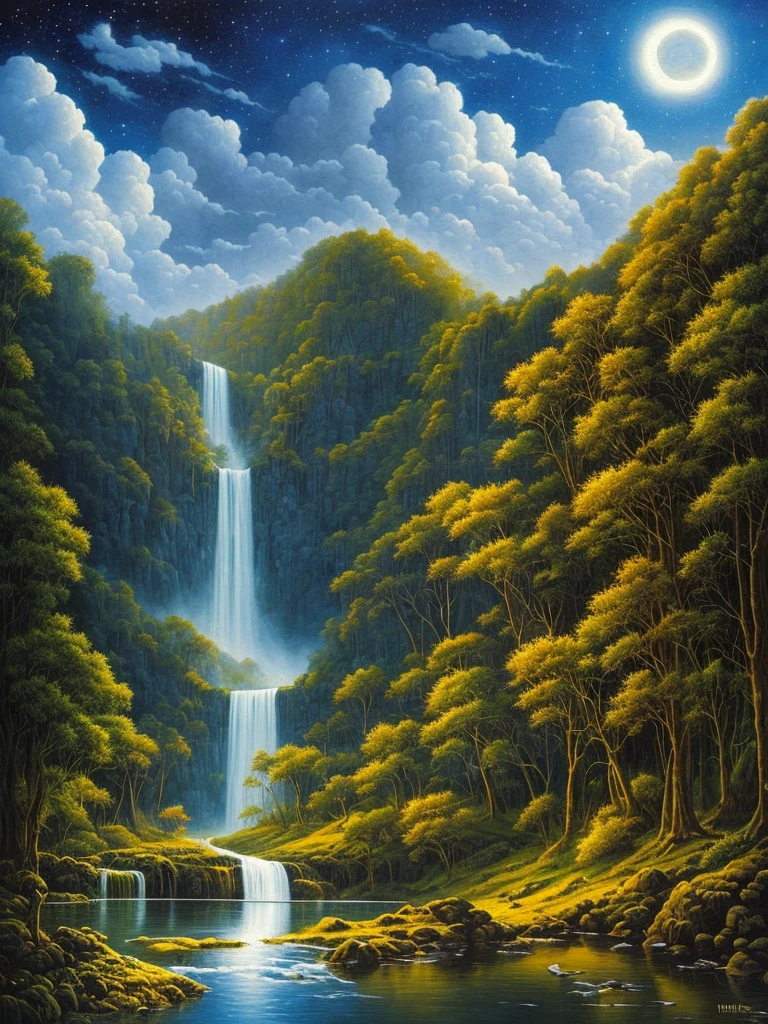 a painting of a waterfall in a forest at night, an airbrush painting by Brothers Hildebrandt, flickr, fantasy art, darrell k sweet, blue moonlight, virgil finlaytim hildebrandt, beautiful moonlight, michael whelan and gustave done, blueish moonlight, stunning moonlight and shadows, soft blue moonlight, hildebrandt, blue ground. fantasy, beautiful moonlight night