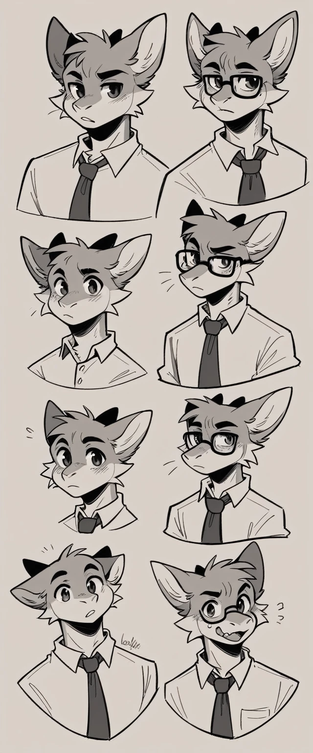 a drawing of a cartoon character with glasses on his head, lineal inspired by Károly Brocky, trend on DeviantArt, furry art, thick linear, Thick outlines, young male anthro dragon, lineal simple, thick black linear, antro paw pov art, professional furry drawing, pov furry art, bold linear, bubble bobble, DIFFERENT POSES