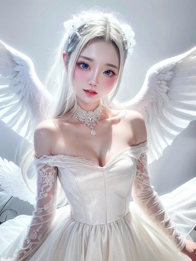 White Background、Professional Lighting、(((Professional Lighting 1.5)))、Translucent skin texture、Transparent muscle、Beautiful Skin、、Off the shoulder、White Dress、See-through、(Angel wings flutter)、Ecstasy of Musical Notes、A fantastical worldview、unrealistic、Dream world、Angel descends、