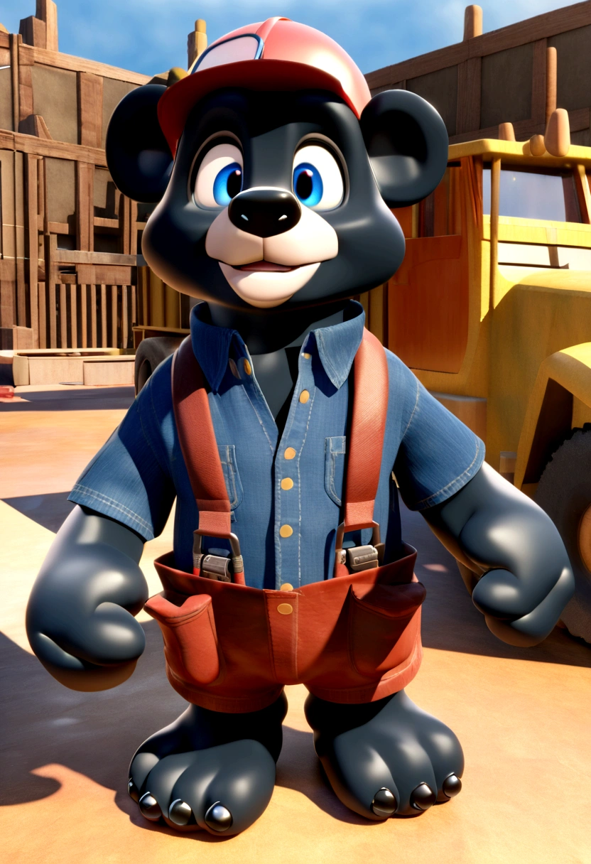 a Disney Pixar movie poster showing a friendly medium sized black bear. The black bear is dressed as a handyman and is furry. The black bear also has a blue collar around its neck and has colored eyes. The background is a construction zone. 3D-rendering