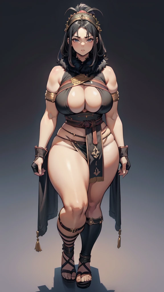 (masterpiece), best quality, female warrior, dark fantasy, huge girl, female muscular:1.2, black hair, (curvy:1.7), ((thick thighs:1.4)), (((blank background))), ((full body)), fingerless gloves, sandals, sleeveless, (straight  hair), (loincloth), (fur top) , strapless top