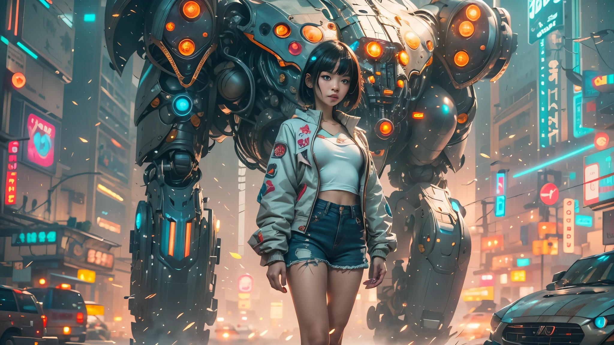 anime girl in short shorts and jacket standing next to giant robot, artwork in the style of guweiz, cyberpunk anime girl mech, trending on cgstation, guweiz, by Russell Dongjun Lu, digital cyberpunk anime art, ross tran 8 k, guweiz on artstation pixiv, girl in mecha cyber armor