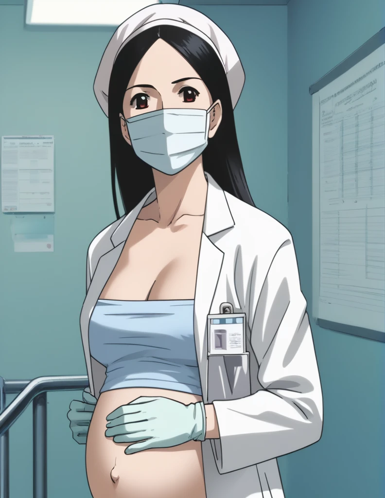 masterpiece, highest quality, slightly oblique view, (RAW photo, best quality), 1girl, pale skin, shy eyes, big breasts, pregnant, natural lighting, solo, upper body, hospital, in the operating room, surgical bet,
ray kasugano, pregnant with big belly, labcoat, (give a score of 9_give a score of 8_give a score of 7) long sleeve surgical gown, tip of nipple, navel head, surgical cap, cover ears, surgical mask, surgical gloves,