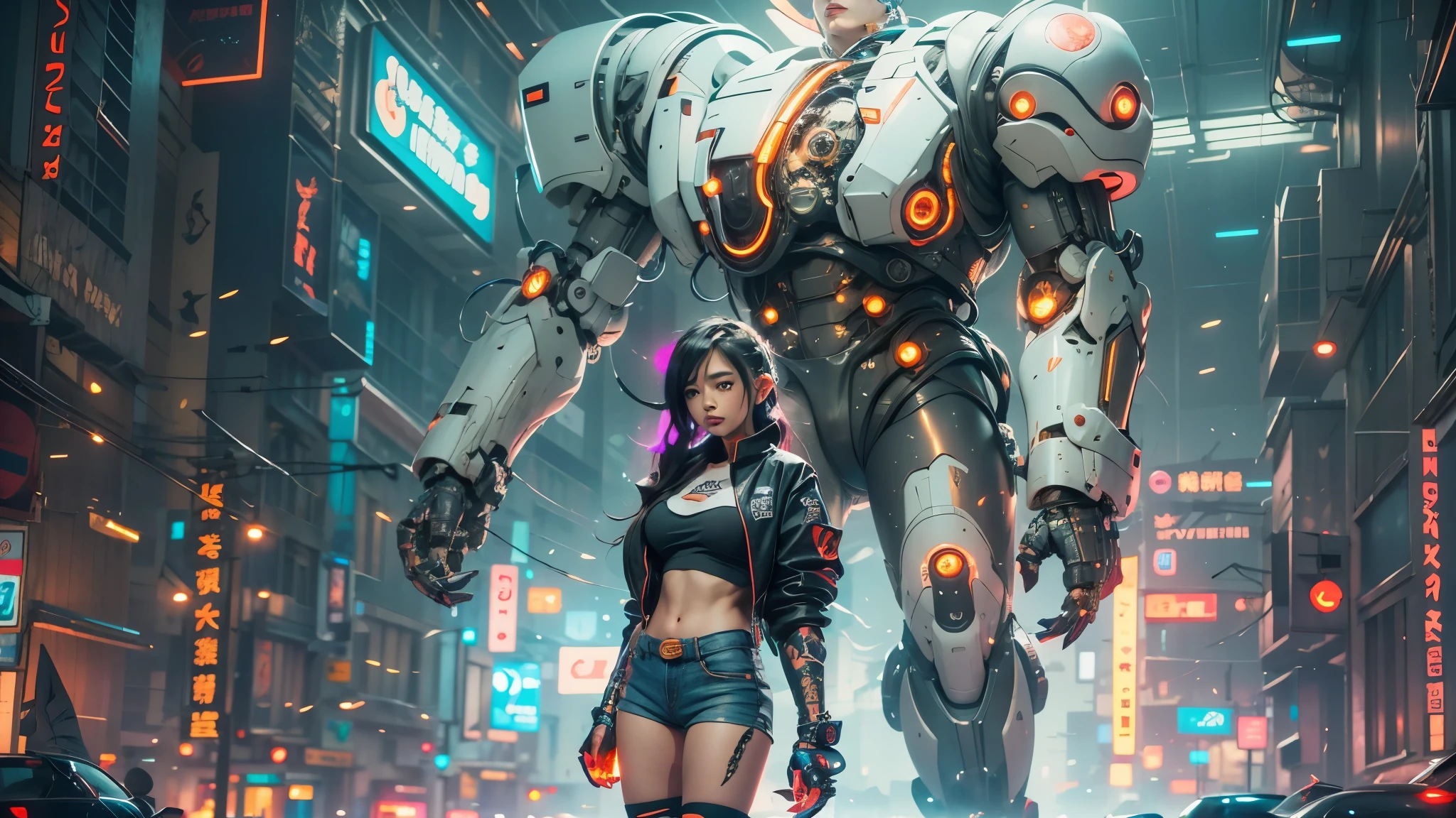 anime girl in short shorts and jacket standing next to giant robot, artwork in the style of guweiz, cyberpunk anime girl mech, trending on cgstation, guweiz, by Russell Dongjun Lu, digital cyberpunk anime art, ross tran 8 k, guweiz on artstation pixiv, girl in mecha cyber armor
