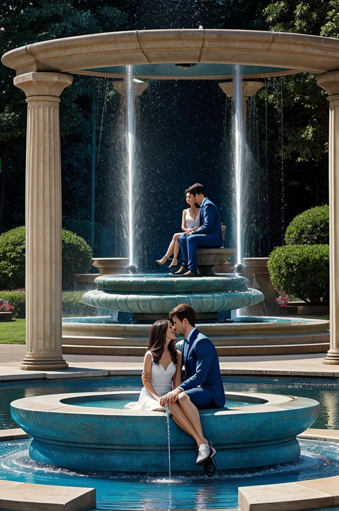 A blue cover where there is a young couple talking while sitting on the edge of the fountain and the fountain is seen behind and the drawing looks animated in the style of the book: in the end they both die