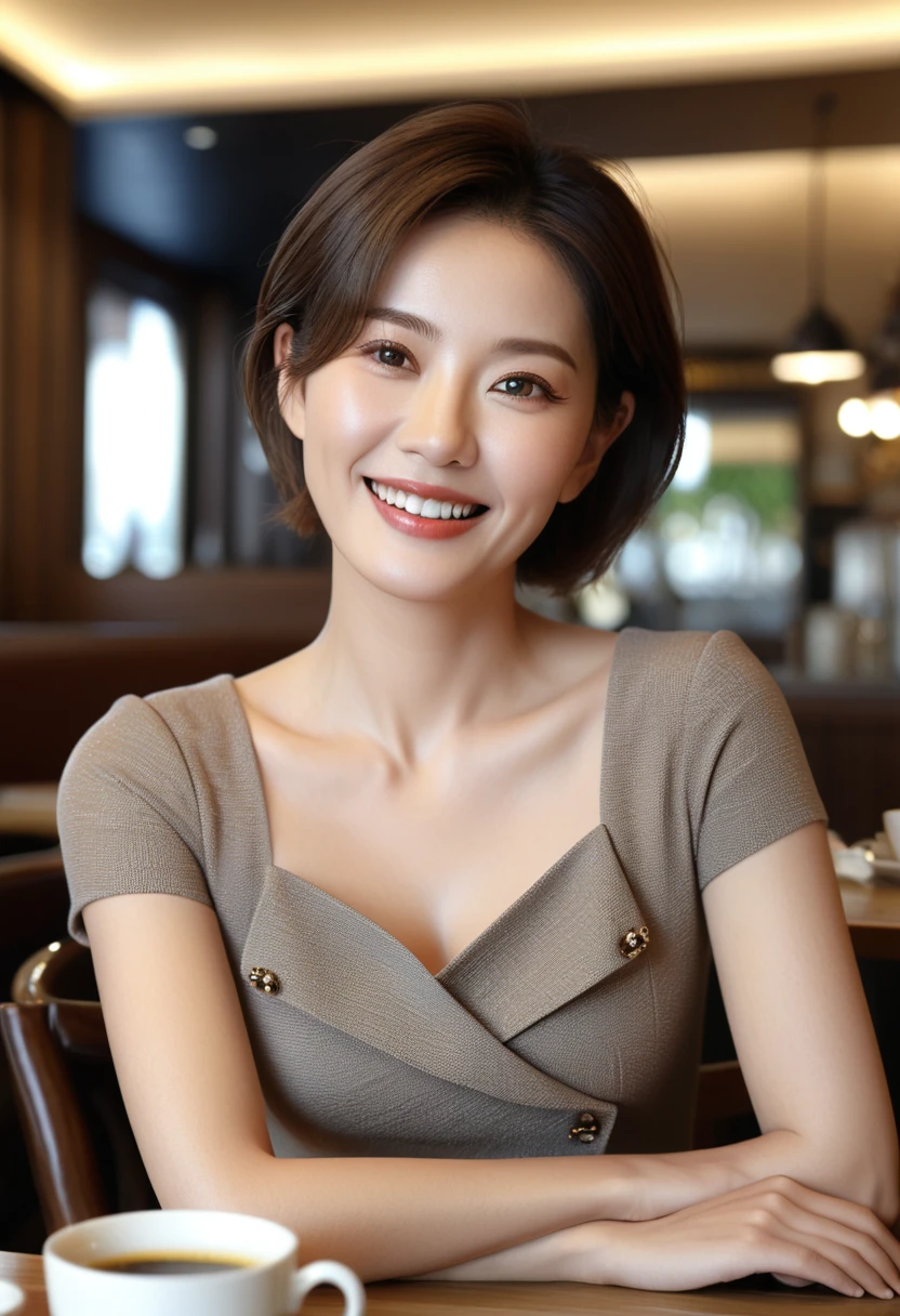 1 woman, (Wearing a high-quality, luxury brand dress with short sleeves and good texture.:1.6),(raw photo, best quality), (realistic, photo-realistic:1.4), masterpiece, Very delicate and beautiful Korean woman, very detailed, 2k wallpaper, amazing, in detail, very detailed CG unity 8k wallpaper, very detailed, mackerel, soft light, Beautiful and detailed 36 year old woman, very detailed eyes and face, beautiful and delicate nose, beautiful detailed eyes,cinematic lighting,(sitting in an upscale cafe:1.6),complete anatomy,slim body,(laugh:1.4),(young girl:1.4),(look at the viewer:1.4),(front view:2.0),cinematic angle, Inspired by Son Ye-jin, ,(split:0.8), light brown short hair, Bokeh shooting