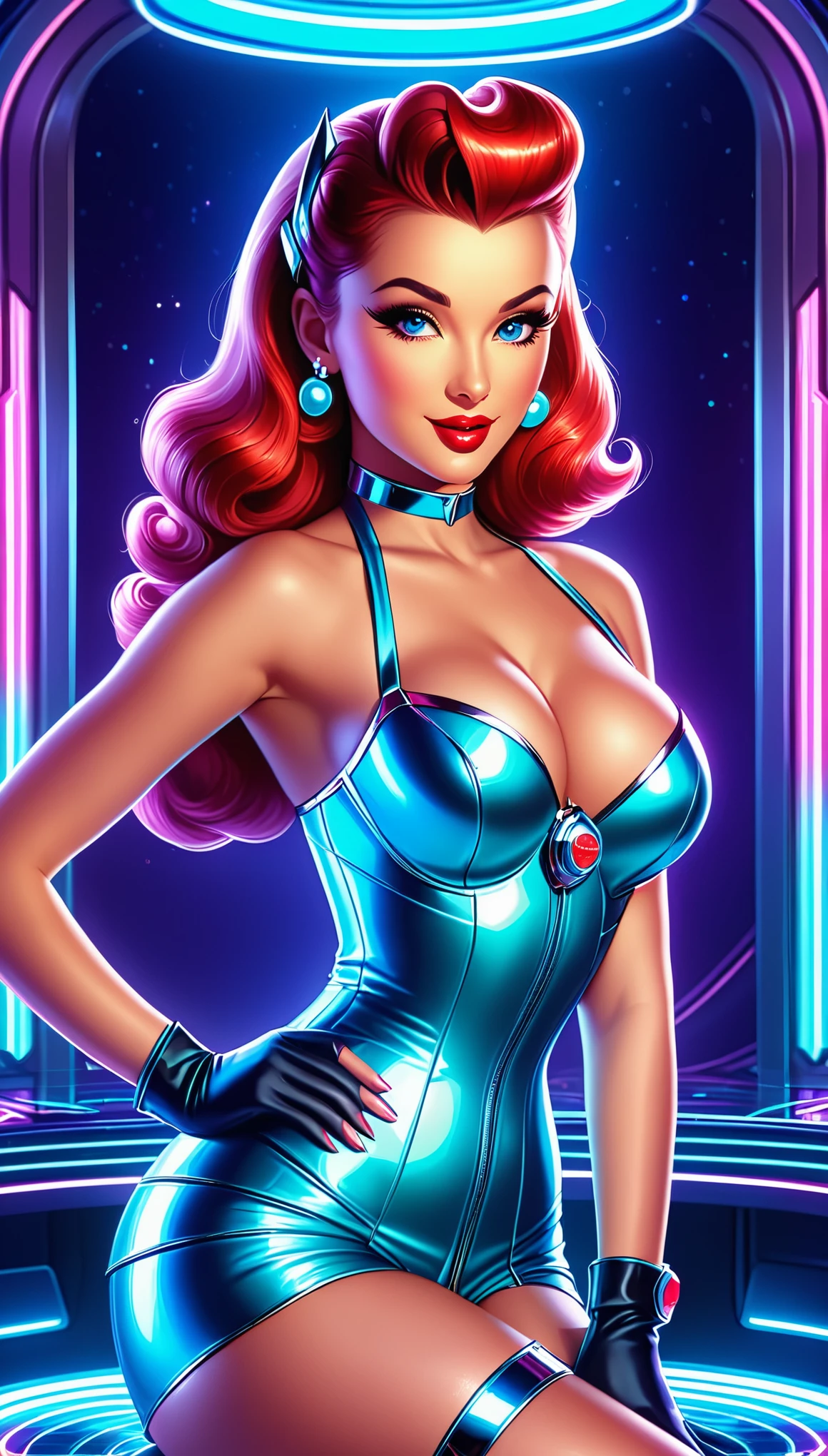 Generate a hyperrealistic image capturing the essence of a futuristic pin-up girl, seamlessly blending classic 1950s charm with cutting-edge technology. Envision her in a sleek, metallic environment adorned with holographic elements.. Ultra realistic, vibrant colors, 16k