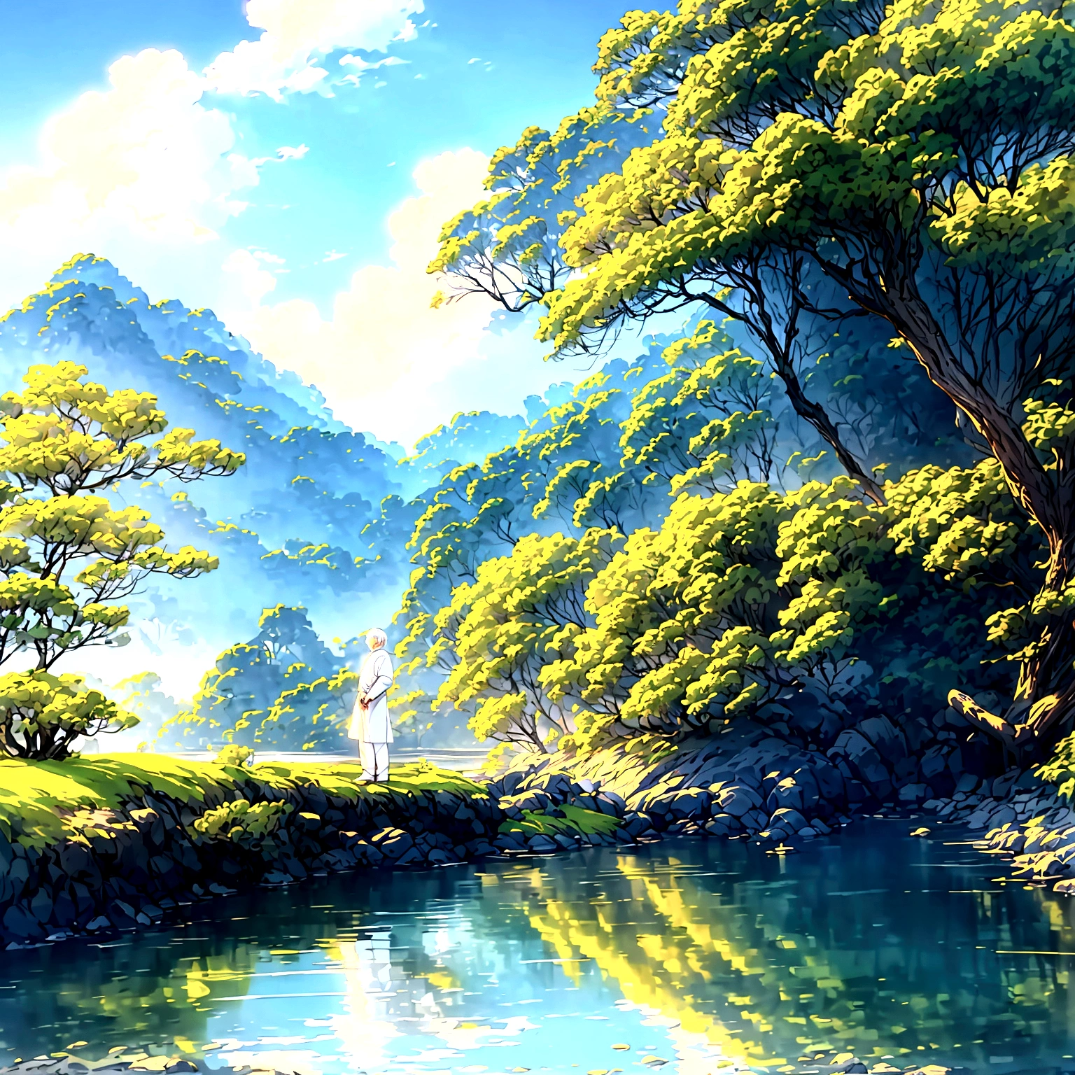 Create a high-quality anime-style image featuring an elderly man standing on a rocky cliff by the sea. The man has white hair, a beard, and is wearing round glasses. He is dressed in a white shirt, beige pants rolled up at the ankles, and white sneakers. His posture is relaxed, with his hands in his pockets, gazing thoughtfully into the distance.
The background consists of a clear blue sky filled with fluffy, white clouds. Below the cliff, there is a calm sea with boats and a small coastal village nestled at the foot of green, mountainous terrain. The scene captures a peaceful, reflective moment, with vibrant colors and detailed shading to emphasize the tranquil and contemplative atmosphere.