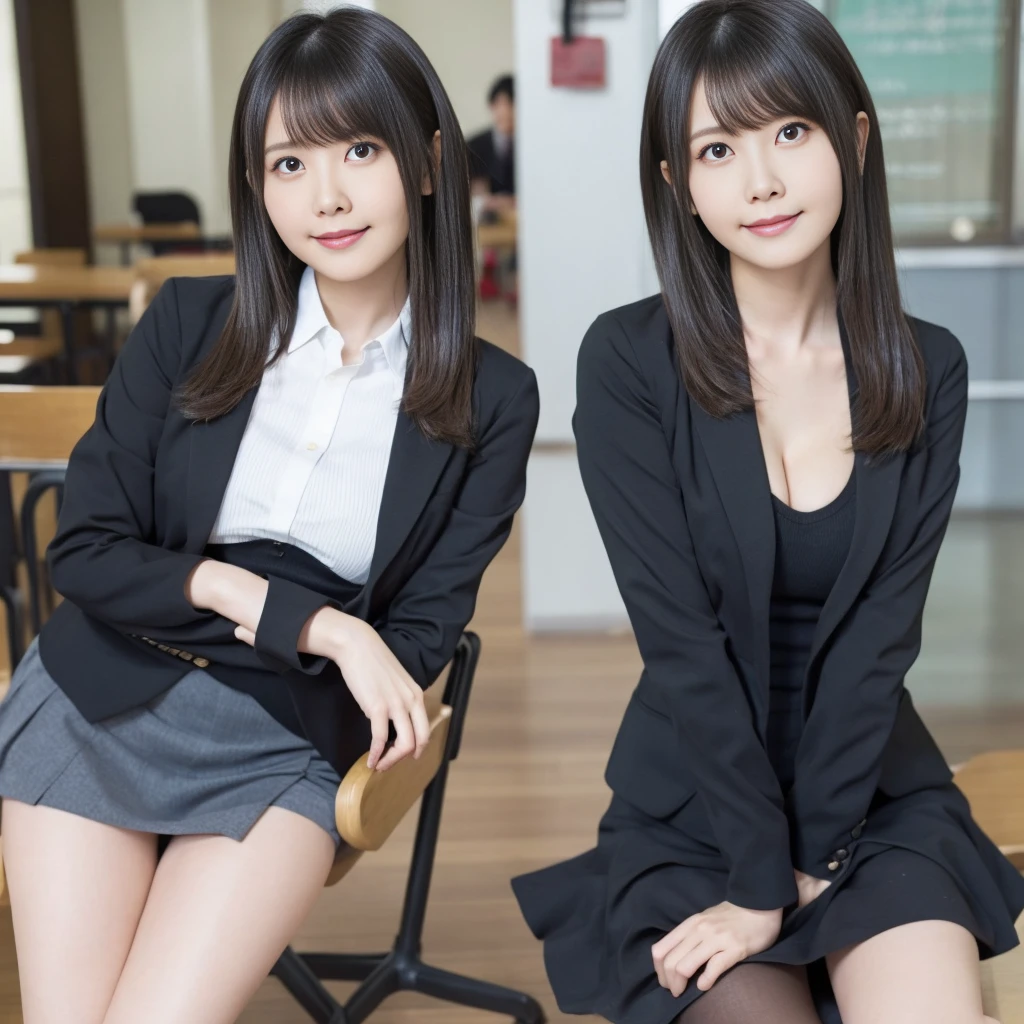 （School Uniform、blazer、Japanese high school girls、Micro Mini Skirt、Black pantyhose、Sleeveless、Ass、Black Hair、Big Ass、Big Assをこちらに向ける、In the classroom）、Extremely sexy、Glamorous Body、smile、Professional Lighting、Small waist、Beautiful adult woman、Captivating thighs、Very large breasts、Cleavage、Are standing