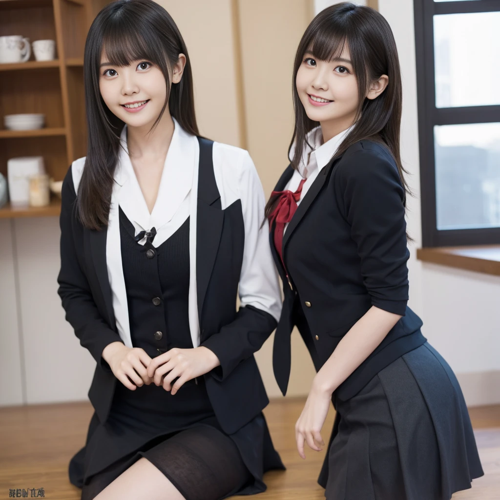 (School Uniform、blazer、Japanese high school girls、Micro Mini Skirt、Black pantyhose、Sleeveless、Ass、Black Hair、Big Ass、Big Assをこちらに向ける、In the classroom)、Extremely sexy、Glamorous Body、smile、Professional Lighting、Small waist、Beautiful adult woman、Captivating thighs、Very large breasts、Cleavage、Are standing