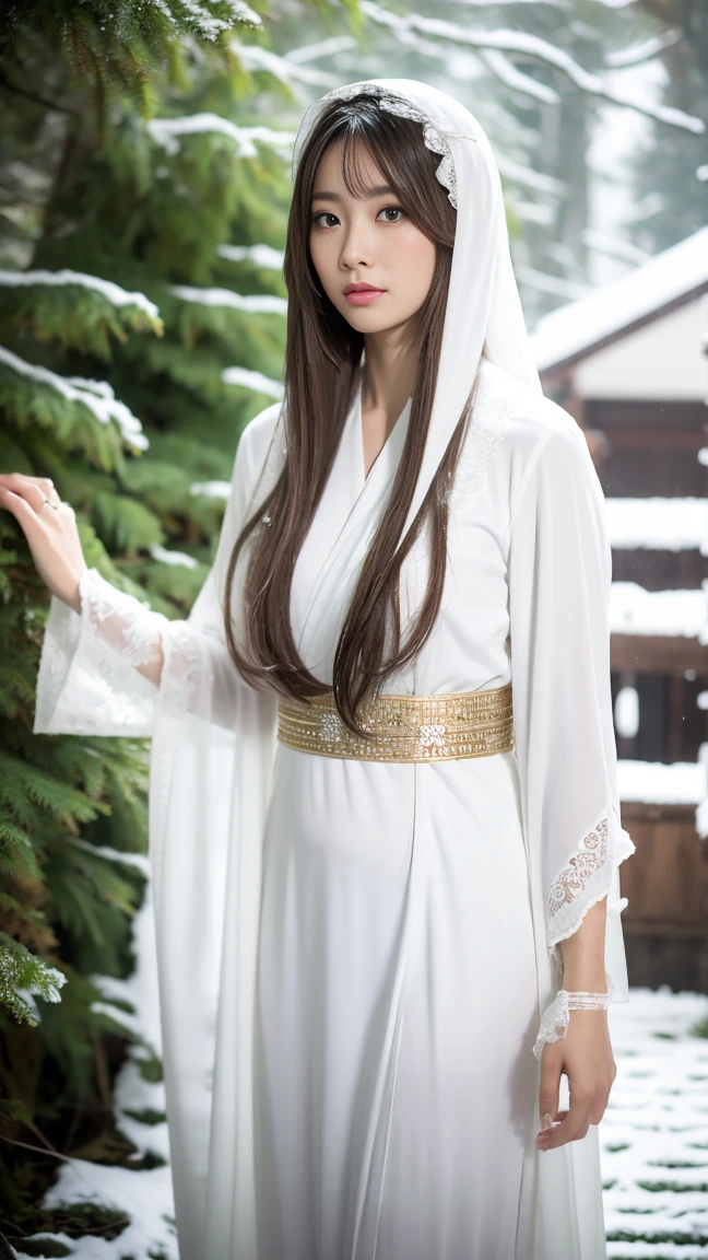 (8K、RAW Photos, Highest quality, masterpiece:1.2、RAW Photos)、Arabian woman in white robe walking through snowy forest, The sharp gaze of the Yuki-onna, Pure white skin, Very long snow-colored hair, Portrait of Sadako from the Ring, Beautiful avatar photos, White long hair, White Anime Barbie, Inspired by Shinsui Ito, Inspired by Li Mei-shu, of long white hair, Jinnah Chan