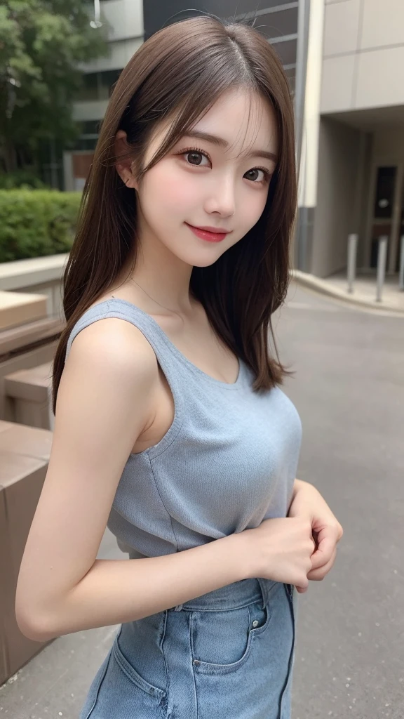 Tabletop, Highest quality, shape, Very detailed, finely, High resolution, 16K, Perfect dynamic composition, Straight hair, Medium Hair, Brown Hair,Natural color lip, smile, 20歳のgirl、cute、beautiful、完璧でbeautiful顔, beautiful , Slim face and body, Elegant face, KPOP idol faces、Japanese idol faces、Small face、Big eyes, Brown eyes, Droopy eyes, 緻密でbeautiful目, girl, Front face, Upper Body, Random outfit