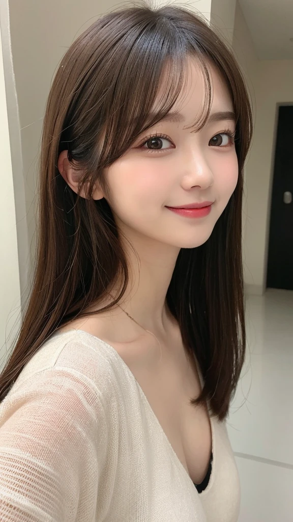 Tabletop, Highest quality, shape, Very detailed, finely, High resolution, 16K, Perfect dynamic composition, Straight hair, Medium Hair, Brown Hair,Natural color lip, smile, 20歳のgirl、cute、beautiful、完璧でbeautiful顔, beautiful , Slim face and body, Elegant face, KPOP idol faces、Japanese idol faces、Small face、Big eyes, Brown eyes, Droopy eyes, 緻密でbeautiful目, girl, Front face, Upper Body, Random outfit