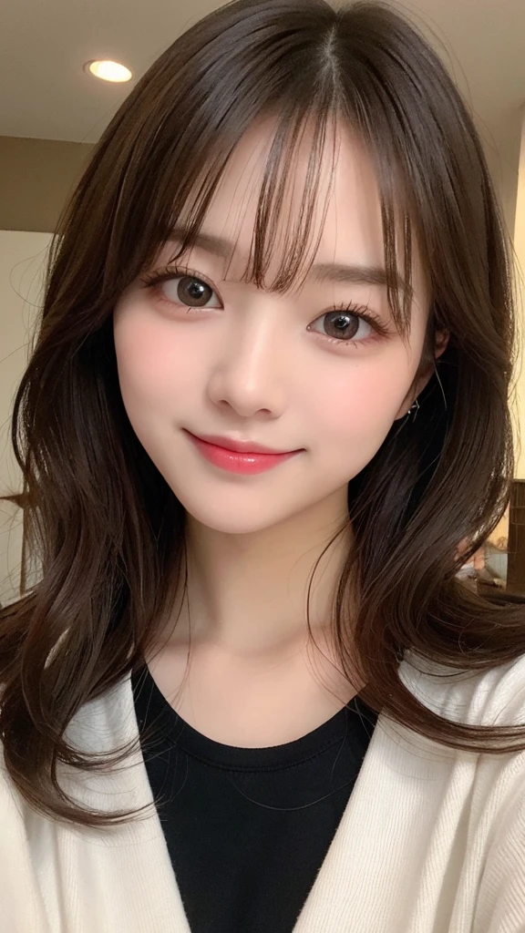 Tabletop, Highest quality, shape, Very detailed, finely, High resolution, 16K, Perfect dynamic composition, Straight hair, Medium Hair, Brown Hair,Natural color lip, smile, 20歳のgirl、cute、beautiful、完璧でbeautiful顔, beautiful , Slim face and body, Elegant face, KPOP idol faces、Japanese idol faces、Small face、Big eyes, Brown eyes, Droopy eyes, 緻密でbeautiful目, girl, Front face, Upper Body, Random outfit