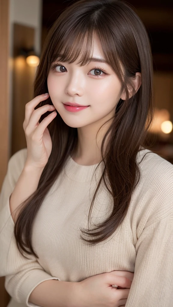 Tabletop, Highest quality, shape, Very detailed, finely, High resolution, 16K, Perfect dynamic composition, Straight hair, Medium Hair, Brown Hair,Natural color lip, smile, 20歳のgirl、cute、beautiful、完璧でbeautiful顔, beautiful , Slim face and body, Elegant face, KPOP idol faces、Japanese idol faces、Small face、Big eyes, Brown eyes, Droopy eyes, 緻密でbeautiful目, girl, Front face, Upper Body, Random outfit