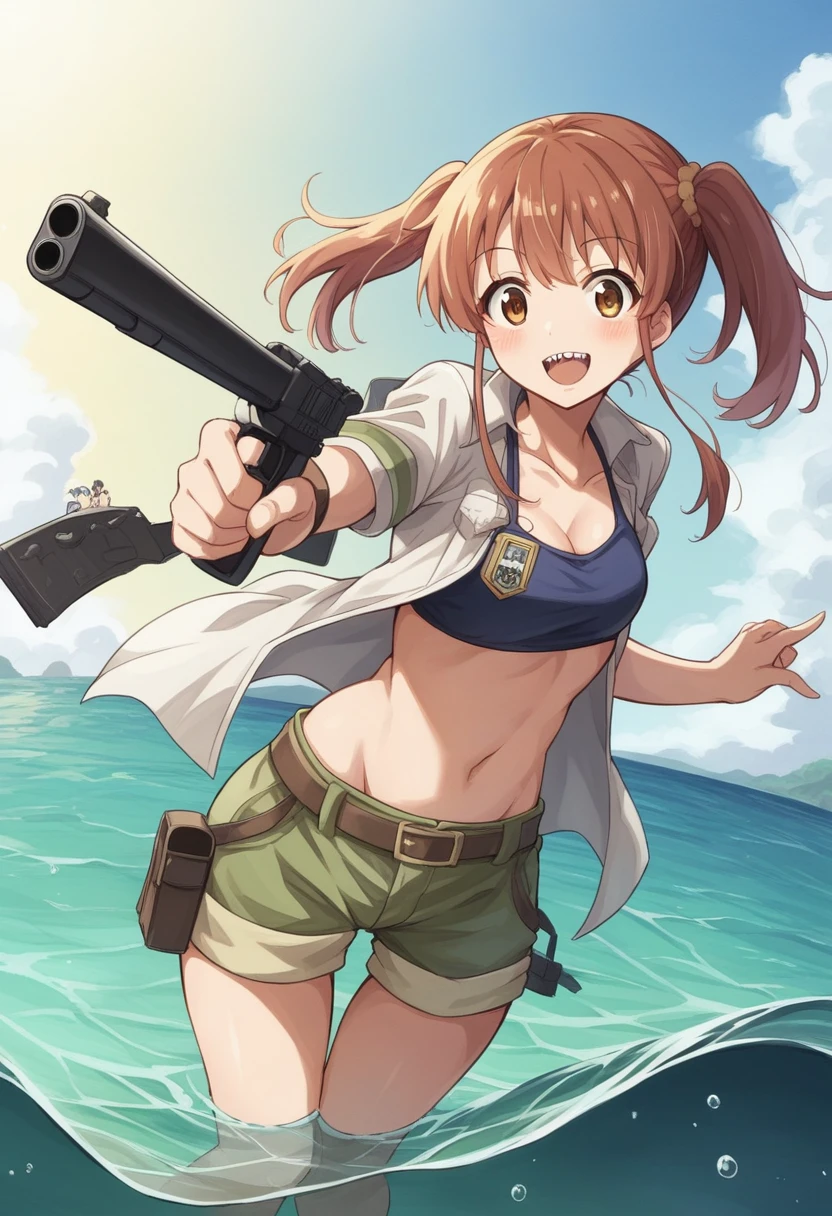 A future Earth where all land has been submerged,Sea.High resolution, Anime Style, A girl armed with a gun and a combat bikini.Seaで戦闘中, 女の子は未来のSeaで発射できる銃を持っている, A smile aiming at the prey,Giant shark,背景にSeaの中に完全に水没したビル群