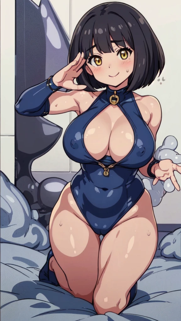 (Perfect body),Best Quality,(8K Portrait),(anime screen cap)、((Police Woman))、 srestrained,blush,Sweat,((large udder)) ,((puffy niples))、(Dark hair),((bob cuts))、Yellow eyes、Tied wrists,(thick thighs),((Navy Blue High Leg Swimsuit ))、adult  woman、((A smile))、Cowboy Shot、((Salute))、((all-fours))、((Wink))、Sleeveless