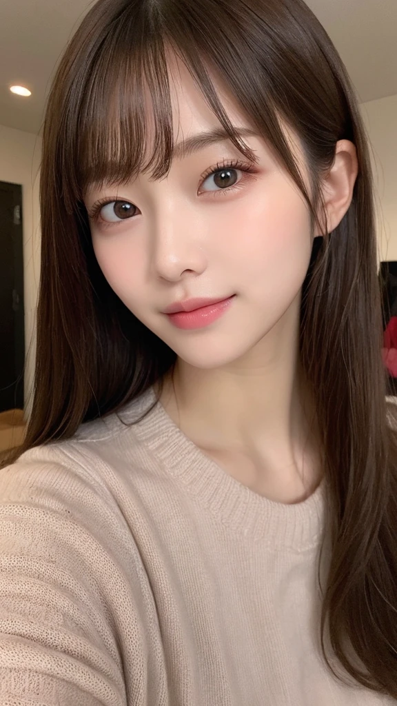 Tabletop, Highest quality, shape, Very detailed, finely, High resolution, 16K, Perfect dynamic composition, Straight hair, Medium Hair, Brown Hair,Natural color lip, smile, 20歳のgirl、cute、beautiful、完璧でbeautiful顔, beautiful , Slim face and body, Elegant face, KPOP idol faces、Japanese idol faces、Small face、Big eyes, Brown eyes, Droopy eyes, 緻密でbeautiful目, girl, Front face, Upper Body, Random outfit