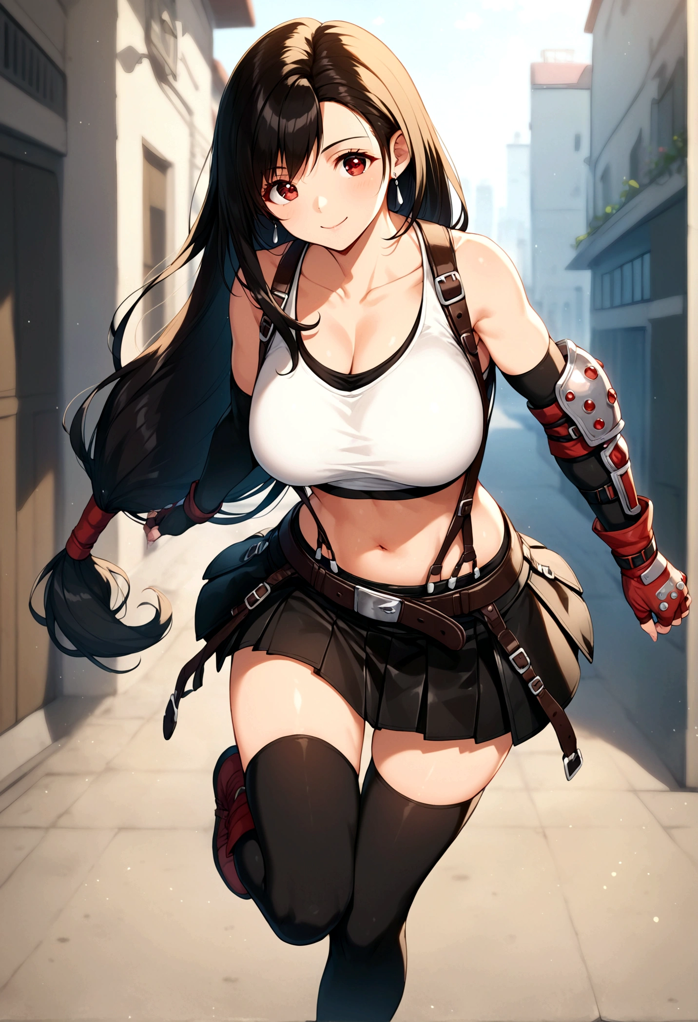 score_9, score_8_up, score_7_up, score_6_up, score_5_up,,rating_safe. BREAK , (from front.from front,front view ,feet focus,standing,straight-on,,(upperbody),looking_at_viewer ,1girl, tifa lockhart, final fantasy, tareme,black hair, low-tied long hair, red eyes, bangs, (white tank top, belt, pleated skirt, thighhighs, elbow fingerless gloves, elbow pads, midriff, navel,suspender skirt) ,large_breasts,(light smile),,,Solo,,(daytime and beachside and city),(best quality),(aesthetic,very aesthetic),,highly detailed,,depth of field,,professional lighting,cinematic lighting, ,running,
