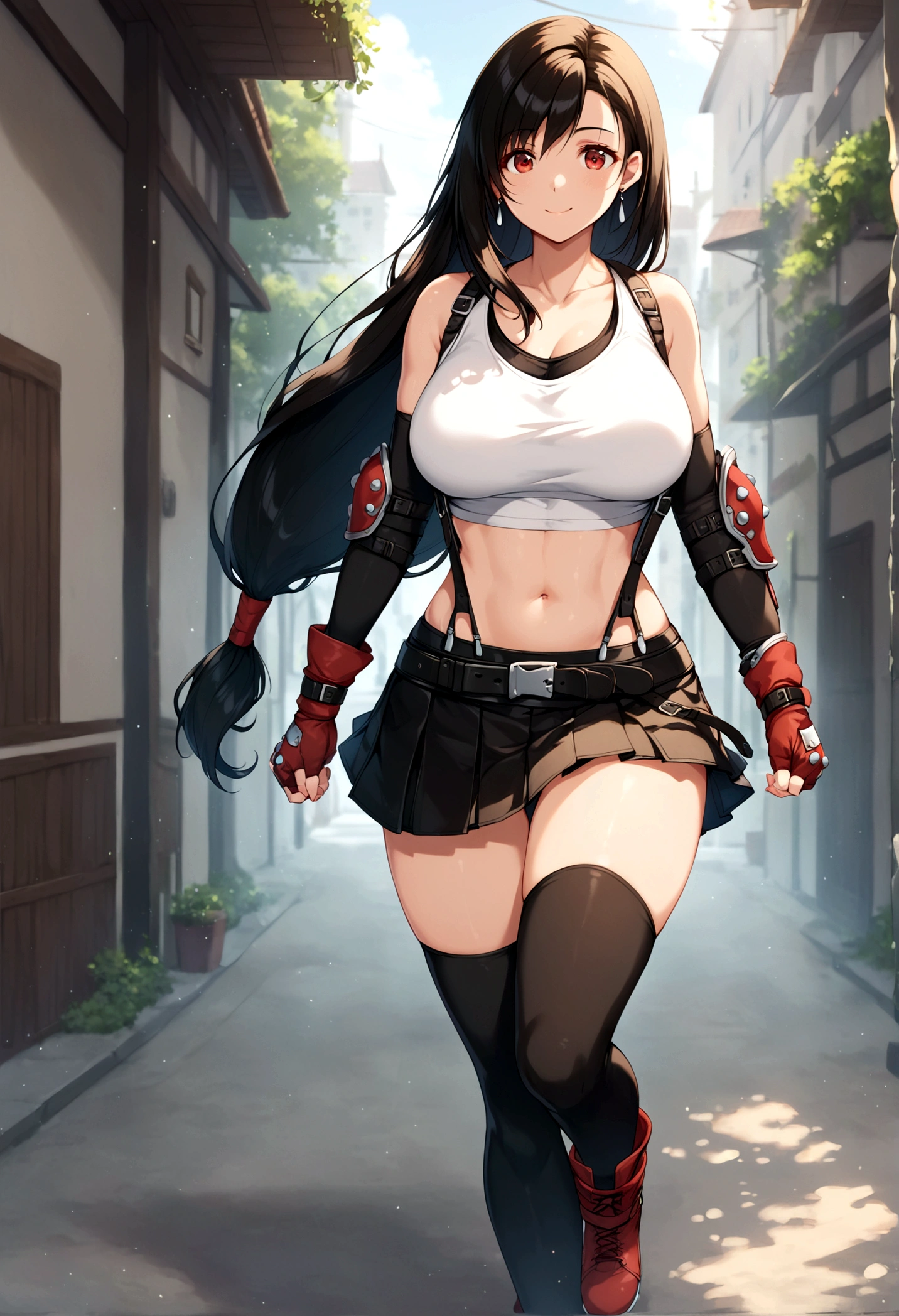 score_9, score_8_up, score_7_up, score_6_up, score_5_up,,rating_safe. BREAK , (from front.from front,front view ,feet focus,standing,straight-on,,(upperbody),looking_at_viewer ,1girl, tifa lockhart, final fantasy, tareme,black hair, low-tied long hair, red eyes, bangs, (white tank top, belt, pleated skirt, thighhighs, elbow fingerless gloves, elbow pads, midriff, navel,suspender skirt) ,large_breasts,(light smile),,,Solo,,(daytime and beachside and city),(best quality),(aesthetic,very aesthetic),,highly detailed,,depth of field,,professional lighting,cinematic lighting, ,running,