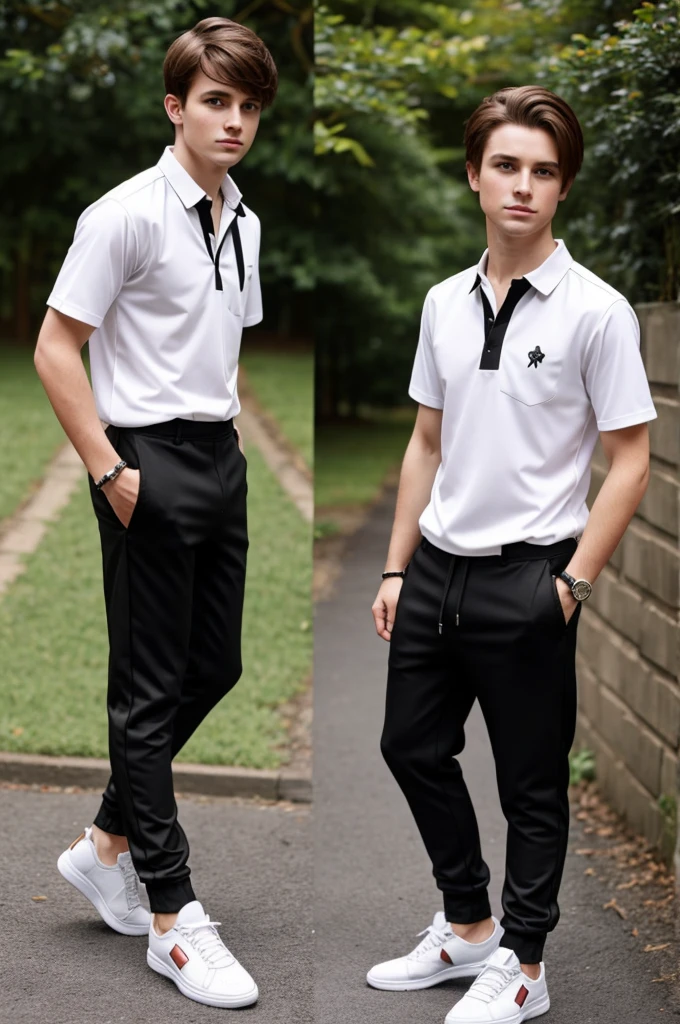 a medieval type pokemon trainer boy with brown hair white shirt black long pants black sneakers