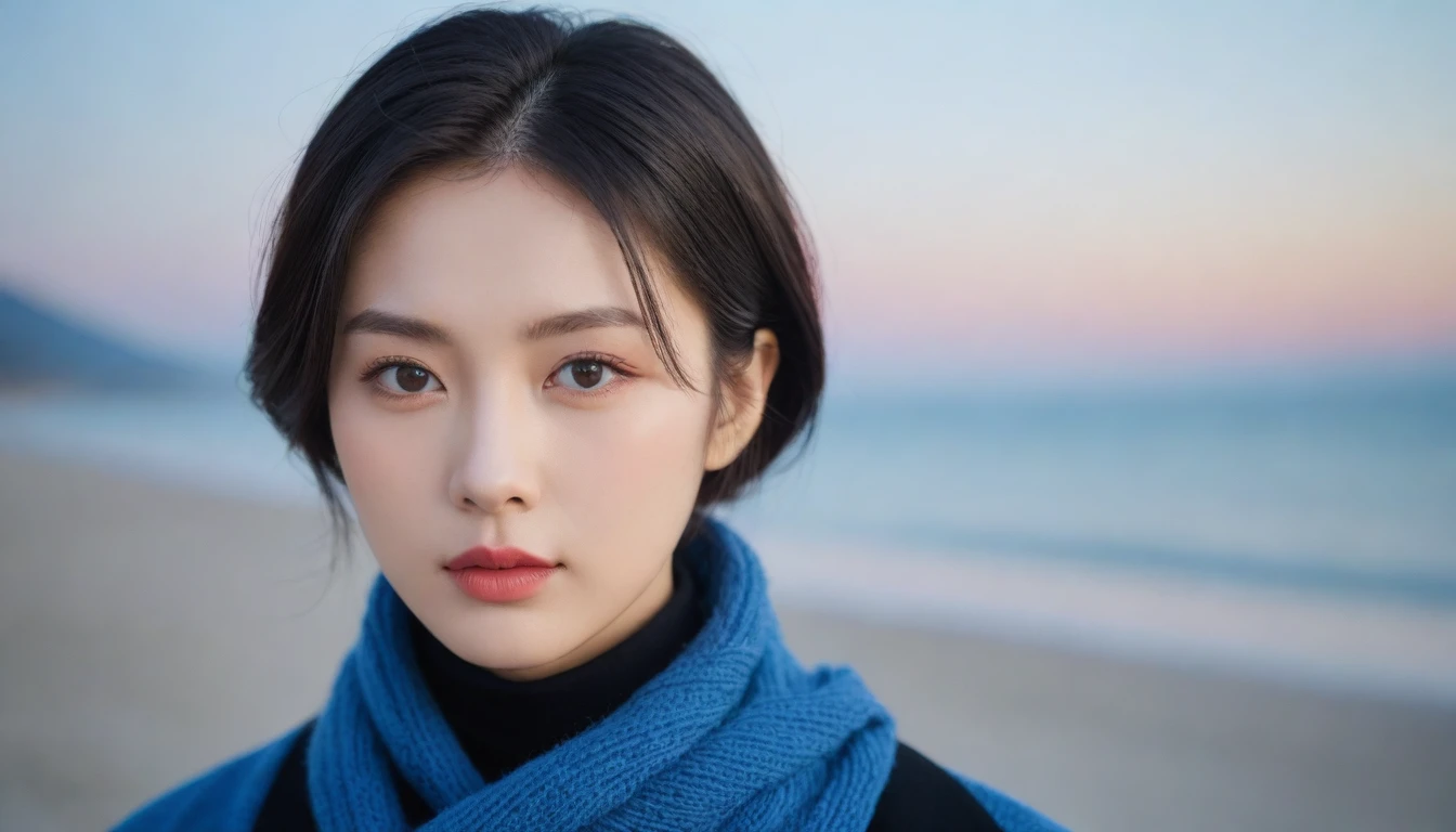8K, 超high resolution, best quality, masterpiece, surreal, painting,A three-part method, 1 girl, (16 years old:1.3), Pretty Woman, Cute face, Beautiful Eyes in Every Detail,Japanese female announcer,(wearing a long winter coat and scarf、Close-up of thin black double-sided updo:1.5)、(The girl turned around with a very sad expression., Her hair blowing in the wind on a winter beach:1.5)、(blurred background:1.5)、(red sky at sunset:1.5)、(complete ???????:1.5)、(full hand:1.3)、(full finger:1.3)、realistic、生painting、tabletop、best quality、high resolution、delicate and beautiful、perfect face、beautiful details、fair skin、real human skin、((thin legs))、bold pose,Super cute supermodel、Please look closely at the camera 、vivid details、detailed、surreal、빛과 painting자,strong light,fashion magazine cover,thin lips, Short hair,1 woman