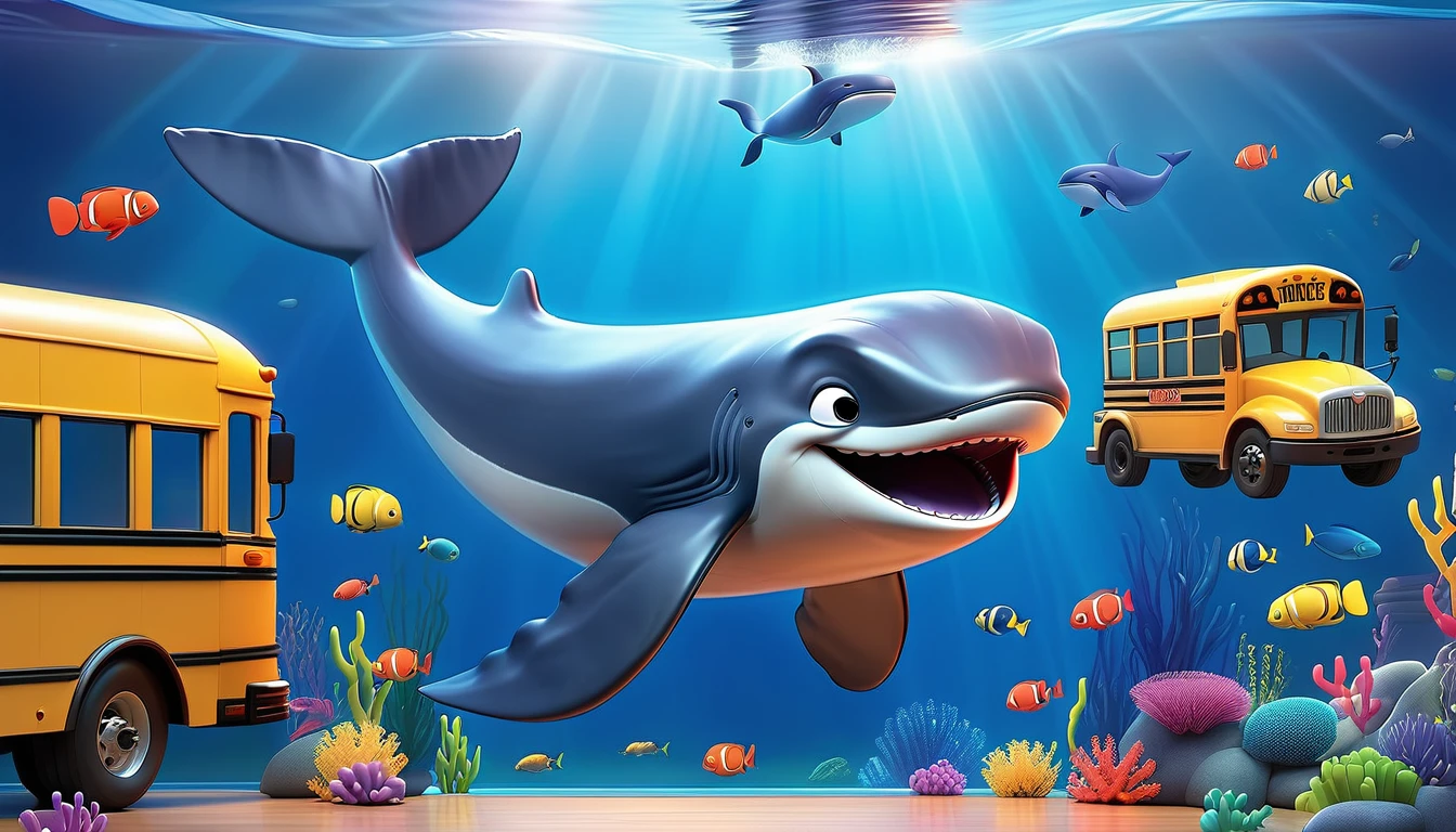 Create a 3-D Pixar style art scene for kids featuring a blue whale swimming beside three school buses for size comparison. The scene should be colorful and vibrant, with an ocean background, coral reefs, and schools of fish. The overall mood should be engaging and inviting for young children.