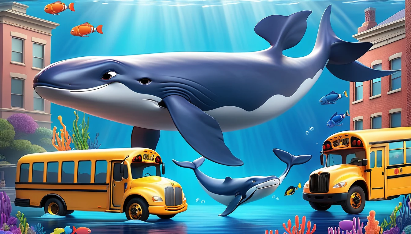 Create a 3-D Pixar style art scene for kids featuring a blue whale swimming beside three school buses for size comparison. The scene should be colorful and vibrant, with an ocean background, coral reefs, and schools of fish. The overall mood should be engaging and inviting for young children.