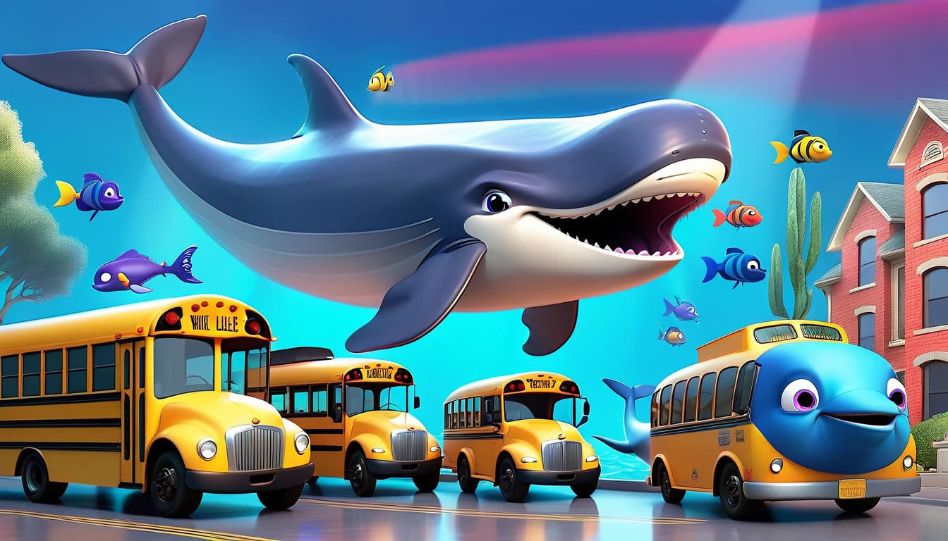 Create a 3-D Pixar style art scene for featuring a blue whale swimming beside three school buses for size comparison. The scene should be colorful and vibrant, with an ocean background, coral reefs, and schools of fish. The overall mood should be engaging and inviting for young children.