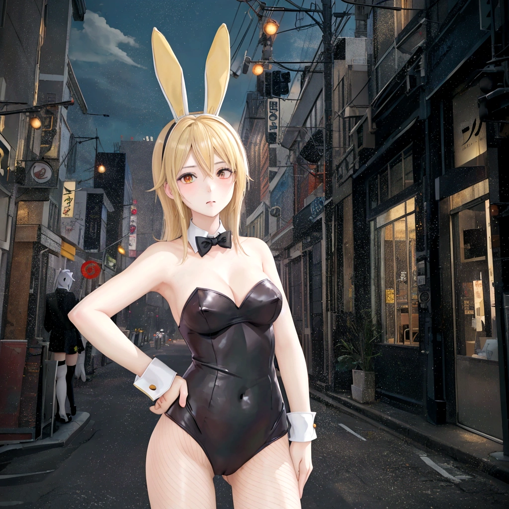 anime character Bunny ears付き and a black bodysuit standing in a city street, Bunny girl, サイバネティックなBunny earsを着けている, Playboy Bunny, Bunny ears付き, Bunny Punk, with big Bunny ears, Bunny Suit, Lola Bunny fan art, with long floppy Bunny ears, Kagamine Rin, Bunny ears, Playboy Style, thug_character, wearing a Bunny Suit