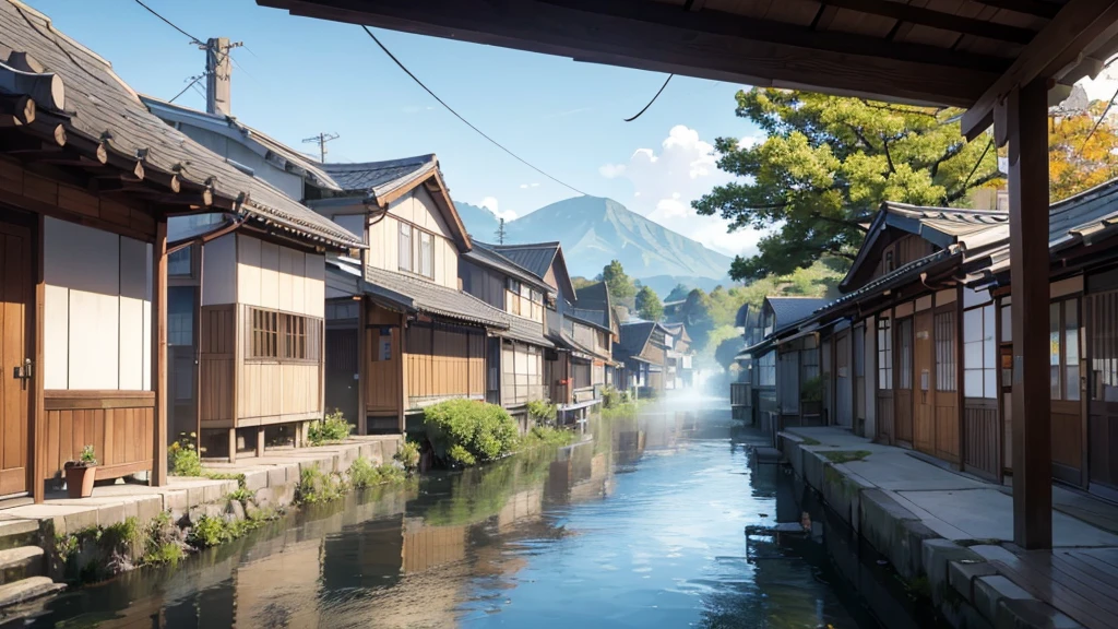 Imagine a serene autumn morning in a small Japanese town. The open window in Sakura Chihiro's room reveals a charming and calm view. Outside the window, you see a quiet street lined with traditional wooden houses, each adorned with small gardens displaying a variety of plants and flowers.
The trees along the street have leaves that range from green to vibrant shades of red and orange, creating a beautiful contrast with the clear blue sky. Deeper in the background, mountains surround the city, their gentle hills covered in dense vegetation. A light morning mist still hangs in the air, adding a sense of tranquility and mystery to the setting.
The sun is slowly rising, its golden rays softly illuminating the houses and the street, creating long shadows and reflecting off Sakura's bedroom window. Some birds can be seen flying from tree to tree, and the soft sound of their songs mixes with the cool morning breeze.
On the right side of the window, there is a small river that runs gently, its crystal clear waters reflecting the colors of the sky and the leaves of the trees. A small wooden bridge crosses the river, connecting the main street with a nearby park, where some residents take their morning walks.