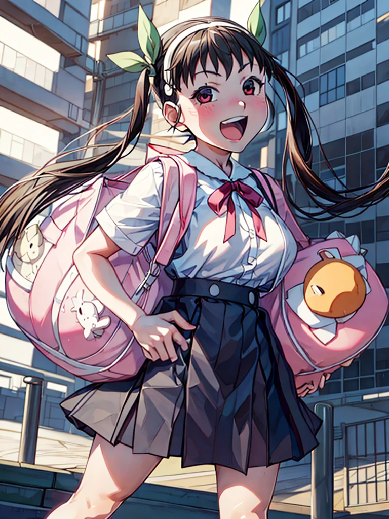 City background, detailed background, hachikuji mayoi,  , school_bag, dynamic pose, open mouth,charming_smile, big breast , Masterpiece ,ultra-detailed, high-definition, 8K resolution, highres, 