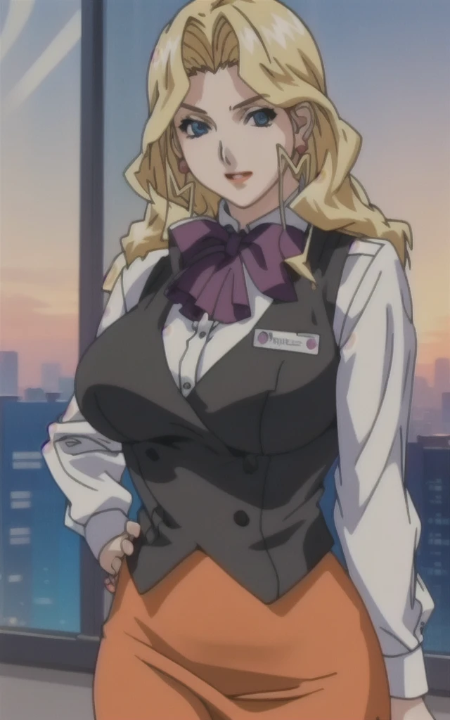 Dress_AliceNonoyama_ownwaifu,
1girl, blonde hair, long hair, blue eyes, lips, mature female, eyelashes, earrings, jewelry, red lips, nail polish, lipstick, makeup, large breasts, breasts,
bow, vest,  skirt suit,  pencil skirt, name tag,  ascot, bowtie, uniform,  long sleeves, office lady, black pantyhose, 
((masterpiece)),((best quality)),((anime screencap, game_cg)),  original, official_art, chromatic_aberration, bokeh, depth_of_field, skyline, scenery, cloudy_sky, sunset, outdoors, day, looking at viewer, solo, cowboy shot,