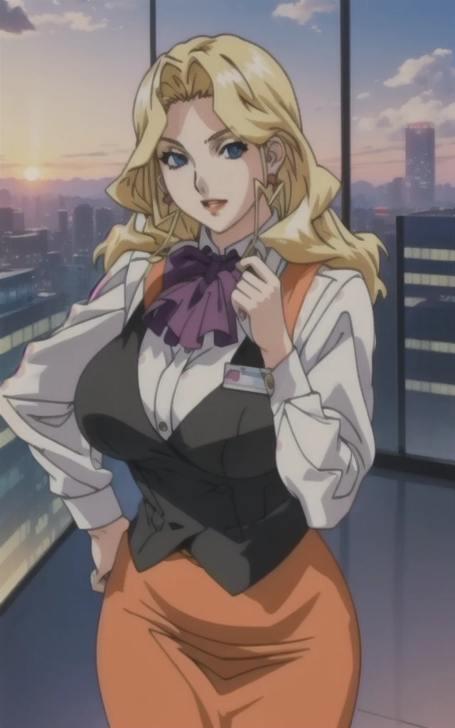 Dress_AliceNonoyama_ownwaifu,
1girl, blonde hair, long hair, blue eyes, lips, mature female, eyelashes, earrings, jewelry, red lips, nail polish, lipstick, makeup, large breasts, breasts,
bow, vest,  skirt suit,  pencil skirt, name tag,  ascot, bowtie, uniform,  long sleeves, office lady, black pantyhose, 
((masterpiece)),((best quality)),((anime screencap, game_cg)),  original, official_art, chromatic_aberration, bokeh, depth_of_field, skyline, scenery, cloudy_sky, sunset, outdoors, day, looking at viewer, solo, cowboy shot,