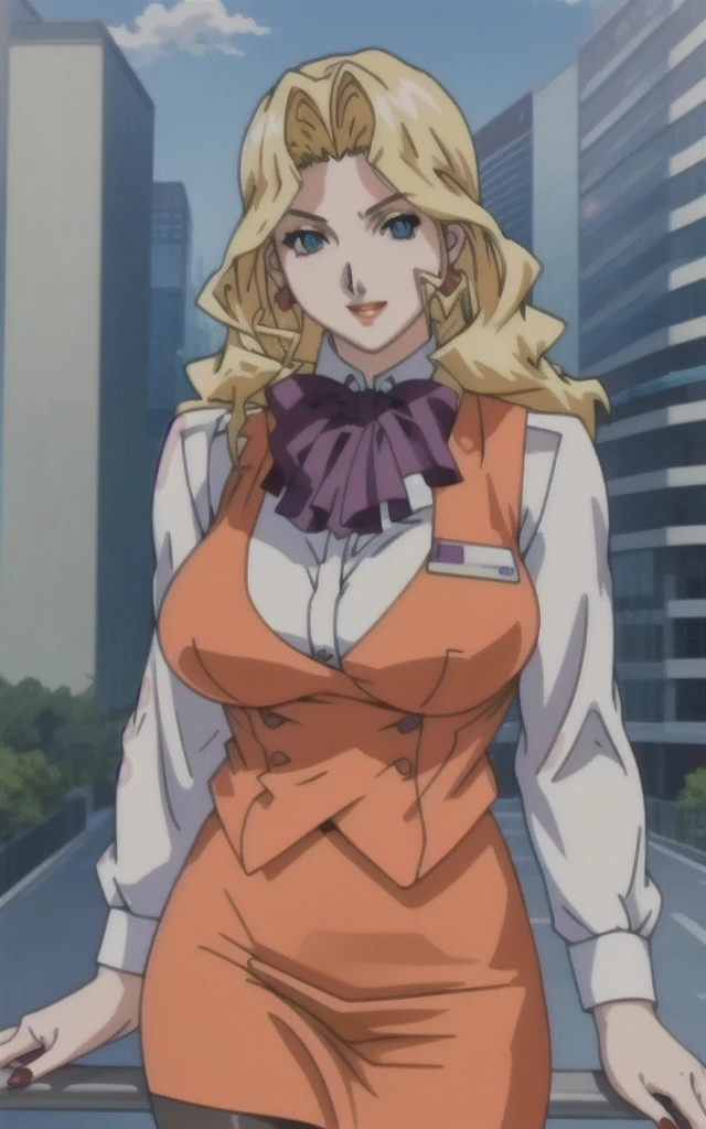 Dress_AliceNonoyama_ownwaifu,
1girl, blonde hair, long hair, blue eyes, lips, mature female, eyelashes, earrings, jewelry, red lips, nail polish, lipstick, makeup, large breasts, breasts,
bow, vest,  skirt suit,  pencil skirt, name tag,  ascot, bowtie, uniform,  long sleeves, office lady, black pantyhose, 
((masterpiece)),((best quality)),((anime screencap, game_cg)),  original, official_art, chromatic_aberration, bokeh, depth_of_field, skyline, scenery, cloudy_sky, sunset, outdoors, day, looking at viewer, solo, cowboy shot,