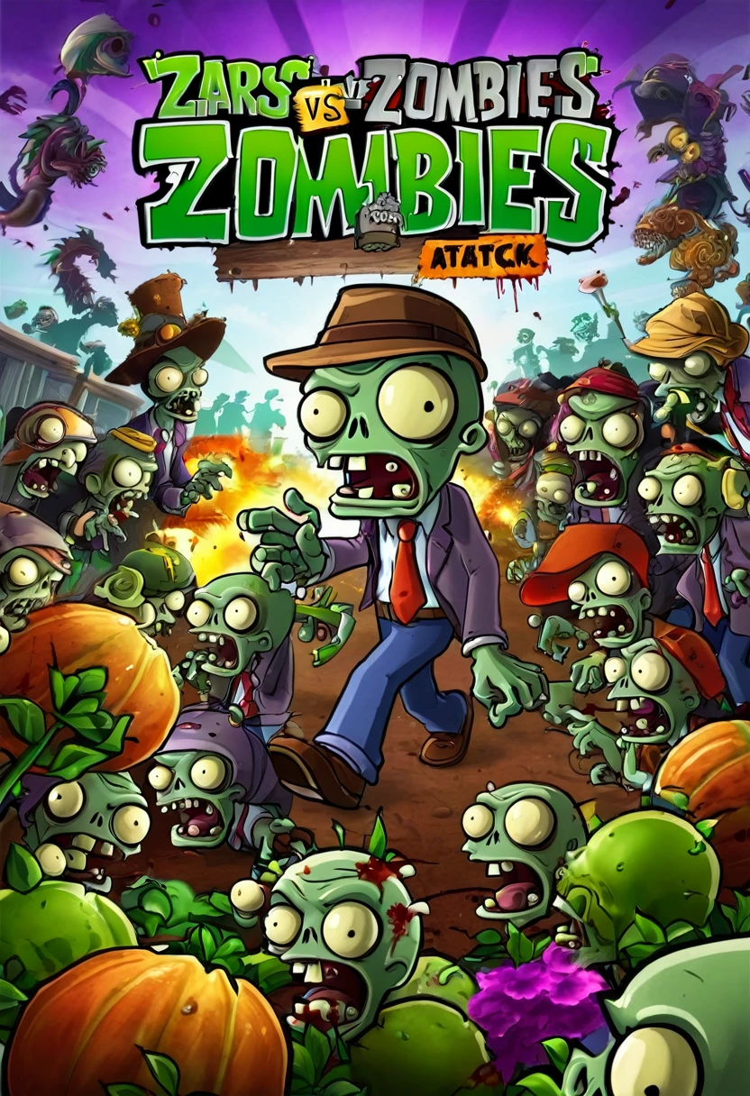 masterpiece, top quality, best quality, official art, beautiful and aesthetic, game poster, Plants vs. Zombies, text saying "Plants Vs Zombies",extremely detailed