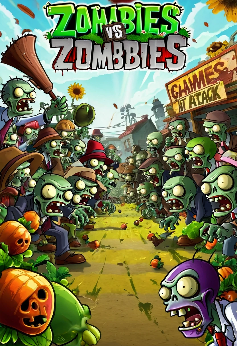 plants vs zombies is a game that is very fun, concept art by Dan Content, deviantart contest winner, conceptual art, zombies attack, promotional art, remaster, background artwork, gardening, hd screenshot, hd artwork, game illustration, loading screen, hq artwork, zombies, splash screen art, wallpaper - 1 0 2 4, high quality desktop wallpaper, hd remaster
