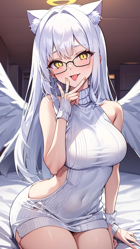 A 20-year-old female angel with long, white hair, yellow eyes, white cat ears, and large white angel wings. yellow halo ring round white glasses (White halter turtleneck sweater, white purekiller sweater, sleeveless, sexy backless sweater, white dress) White arm warmers, stick out tongue, bedroom