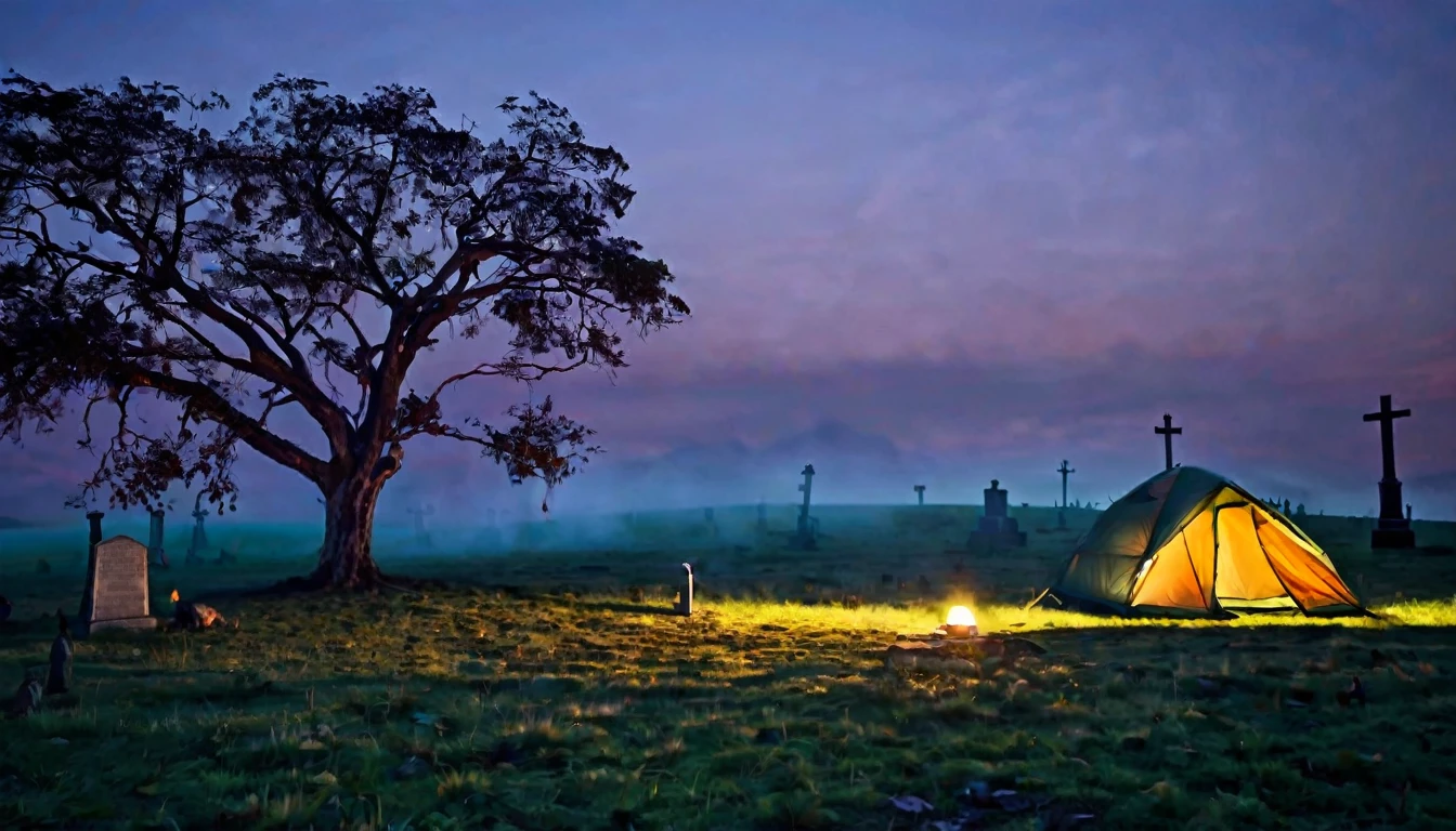 cemetery background, lonely camping tent, at dawn, sinister, macabre environment