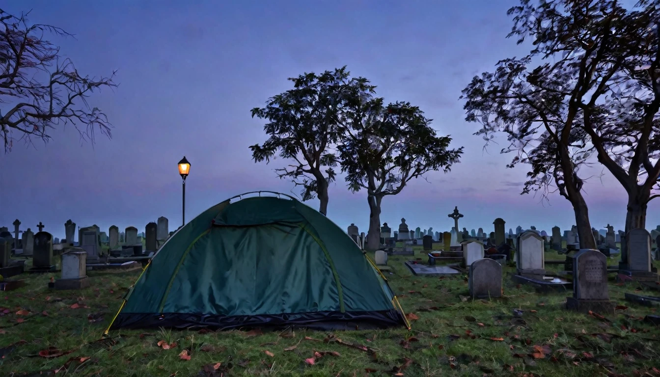 cemetery background, lonely camping tent, at dawn, sinister, macabre environment