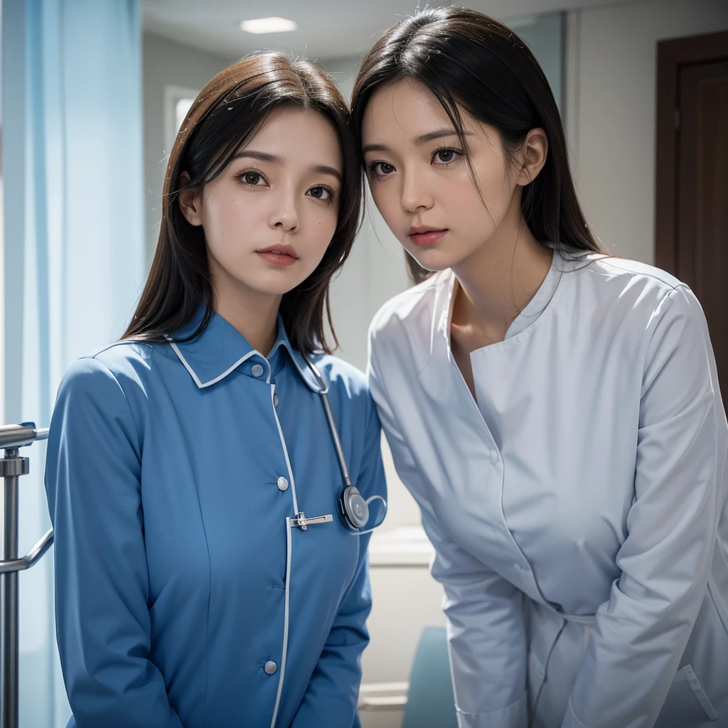 Create an image depicting a woman in a blue nurse uniform who is overly considerate of others. Show her expressing kindness and empathy, emphasizing her gentle demeanor and professional qualities through her facial expression and gestures. Set the scene in a calm background that suggests a medical environment, highlighting her compassion. Ensure the composition makes her warmth and caring nature stand out.
