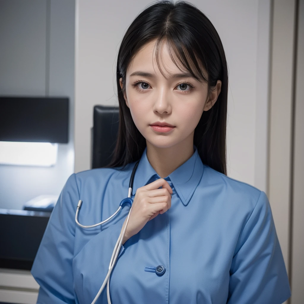 Create an image depicting a woman in a blue nurse uniform who is overly considerate of others. Show her expressing kindness and empathy, emphasizing her gentle demeanor and professional qualities through her facial expression and gestures. Set the scene in a calm background that suggests a medical environment, highlighting her compassion. Ensure the composition makes her warmth and caring nature stand out.
