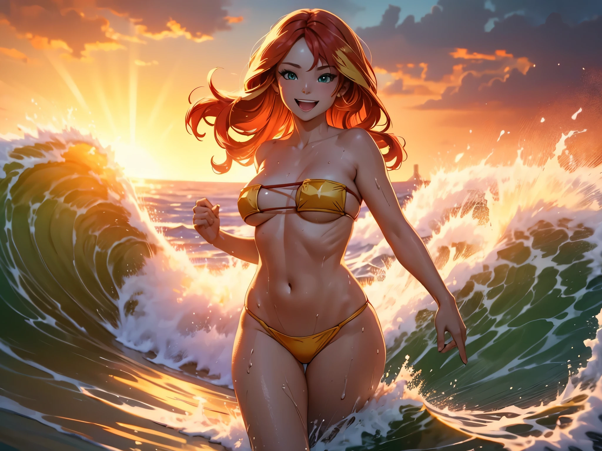 sunsethuman, a beautiful woman with red and yellow hair running bikini through the surf, wet body, smiling with an open mouth, waves in the background, cinematic lighting, golden hour, vibrant colors, highly detailed, photorealistic, 8k