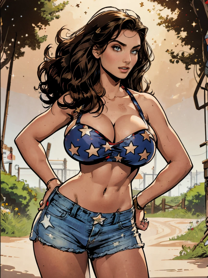 Gorgeous and sultry busty athletic (thin) brunette with sharp facial features and a (big hair) and (huge boobs) wearing a star-spangled bikini top, daisy dukes, Americana, on a dirt road, muscle car.