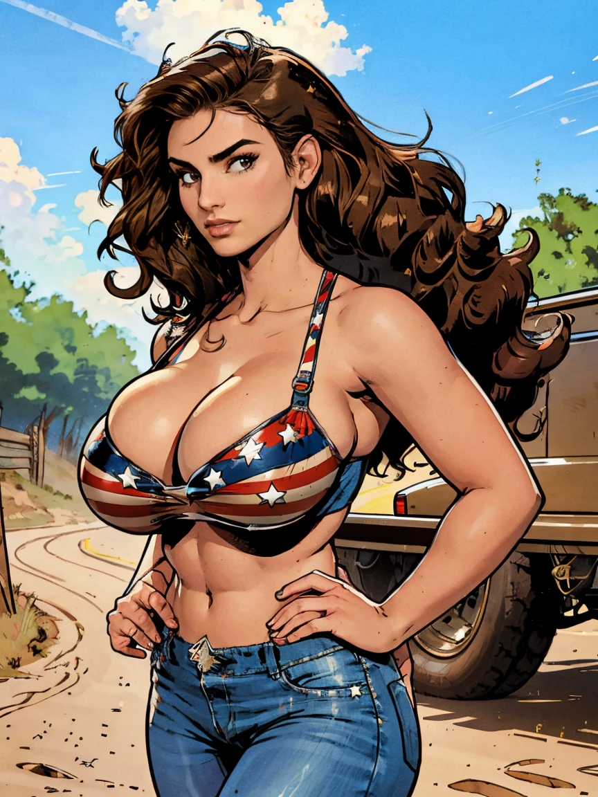 Gorgeous and sultry busty athletic (thin) brunette with sharp facial features and a (big hair) and (huge boobs) wearing a star-spangled bikini top, daisy dukes, Americana, on a dirt road, muscle car.