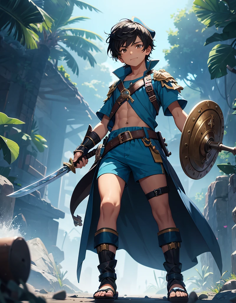 Young boy with black hair, brown eyes and olive skin, innocent and happy, wearing neon blue pirate tunic, blue shorts, gauntlets and sandals, weilding sword and shield, blue armor, fullbody, pirate background, boyish athletic