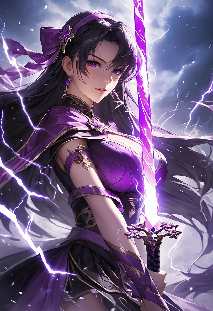 masterpiece, best quality, extremely detailed CG unity 8k wallpaper, A purple sword wrapped in lightning. It is extremely precisely made. An illustration of a cool girl holding an incredibly precise, high-definition, sharp, glowing sword. wearing . The sword emits a purple light, giving off a sense of evil.
